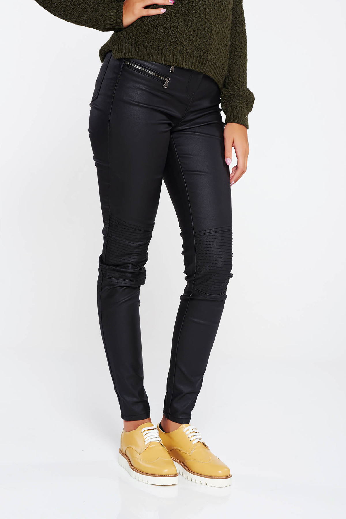 Pantaloni negri casual cu talie medie bumbac usor elastic