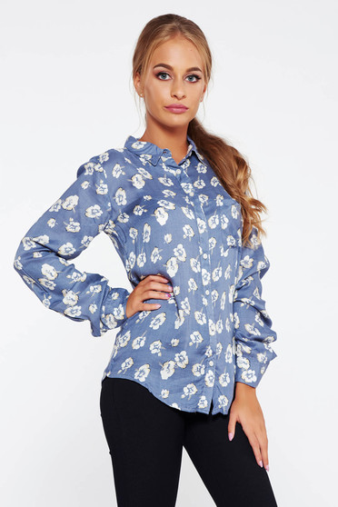 Camasa dama gri casual cu maneca lunga cu croi larg din material vaporos cu imprimeu floral