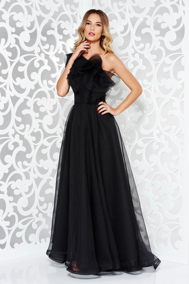 Rochie Ana Radu neagra de lux pe umar din tul captusita pe interior cu volanase