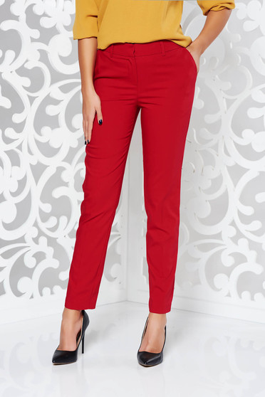 Pantaloni rosii office conici cu talie medie din bumbac cu buzunare