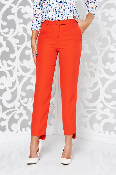 Pantaloni StarShinerS rosii office conici din stofa subtire usor elastica cu talie medie si cu buzunare