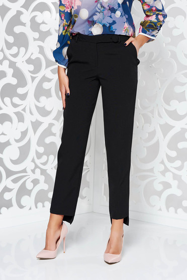 Pantaloni StarShinerS negri office conici din stofa subtire usor elastica cu talie medie si cu buzunare