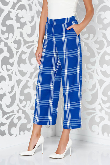 Pantaloni StarShinerS albastri office cu un croi drept si talie inalta din material neelastic in carouri cu buzunare