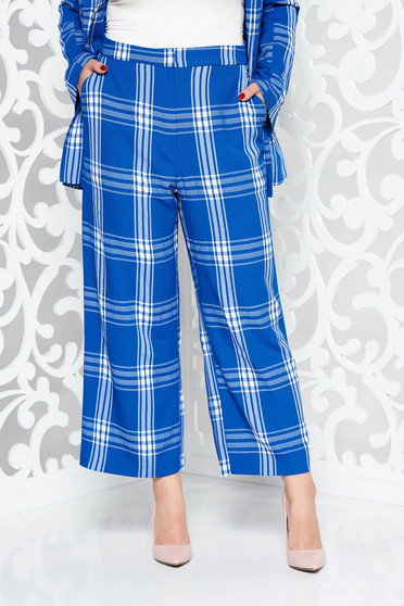 Pantaloni StarShinerS albastri office cu un croi drept si talie inalta din material neelastic in carouri cu buzunare