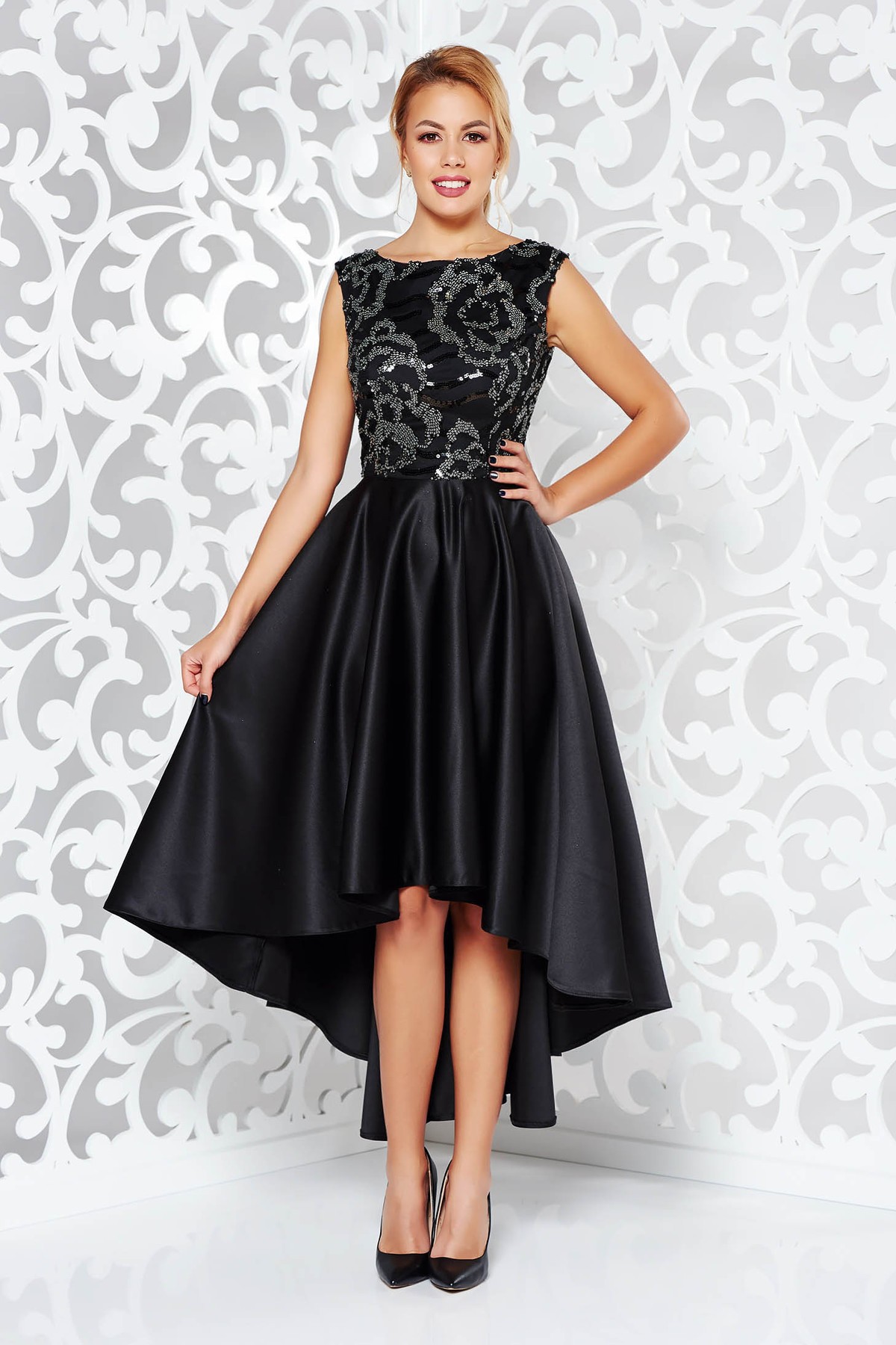 Rochie neagra de ocazie asimetrica din material satinat cu aplicatii cu paiete