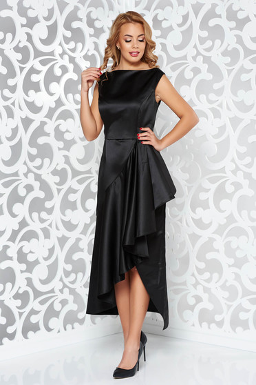 Rochie neagra de ocazie asimetrica fara maneci din material satinat cu volanase