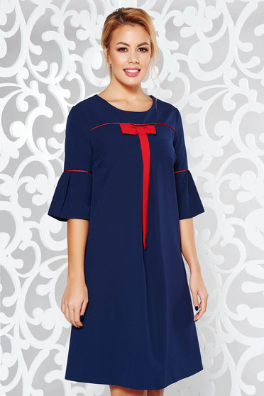 Rochie albastra-inchis office cu croi larg din stofa subtire usor elastica cu maneci clopot