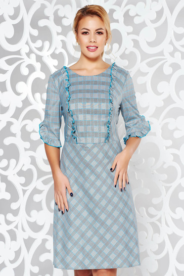 Rochie turcoaz office cu croi in A din stofa subtire usor elastica in carouri cu volanase