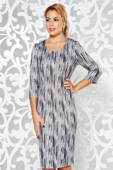 Rochie gri-inchis office midi tip creion din material tricotat moale cu imprimeuri grafice
