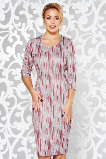 Rochie rosa office midi tip creion din material tricotat moale cu imprimeuri grafice