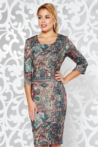Rochie verde office midi tip creion din material tricotat elastic cu imprimeuri grafice