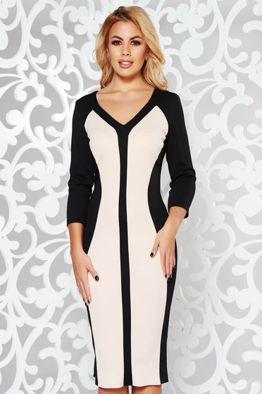 Rochie neagra office midi tip creion din material elastic cu decolteu in v