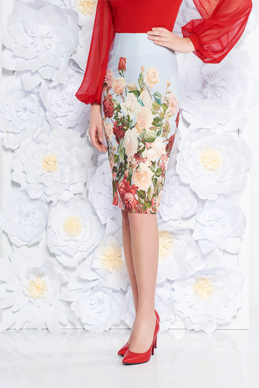 Fusta StarShinerS gri office midi tip creion din material usor elastic cu imprimeuri florale