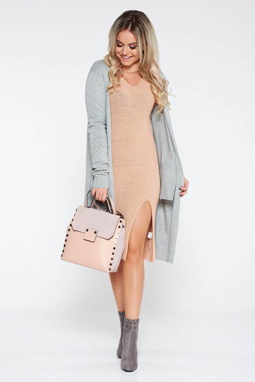 Cardigan gri casual din material tricotat cu croi larg cu buzunare