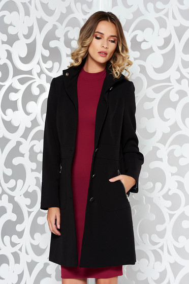 Palton negru basic din stofa usor elastica captusit pe interior cu buzunare