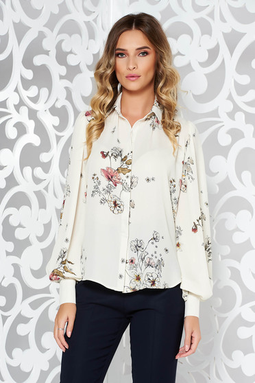 Camasa dama PrettyGirl alba office cu croi larg din material neelastic cu maneci bufante