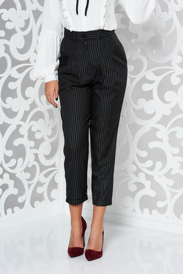 Pantaloni StarShinerS negri office conici cu talie inalta din stofa neelastica subtire cu fir lame si buzunare