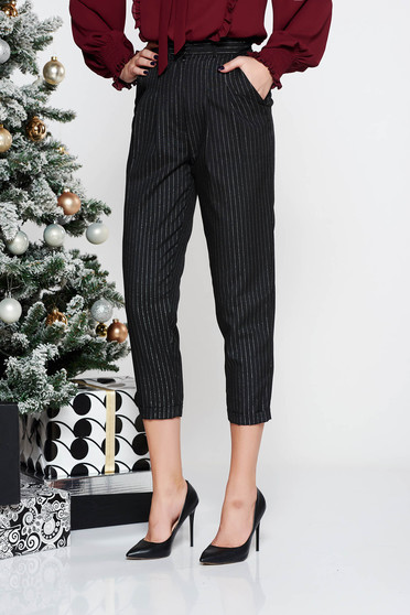 Pantaloni StarShinerS negri office conici cu talie inalta din stofa neelastica subtire cu fir lame si buzunare