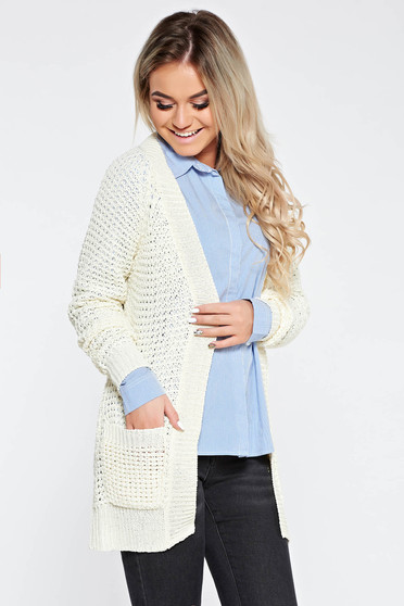 Cardigan alb casual din material tricotat cu croi larg cu buzunare