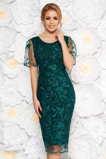 Rochie verde-inchis de ocazie tip creion din dantela cu aplicatii cu paiete