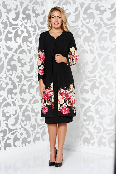 Compleu negru elegant din material usor elastic cu imprimeuri florale