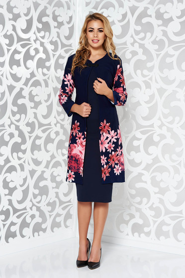 Compleu albastru-inchis elegant din material usor elastic cu imprimeuri florale