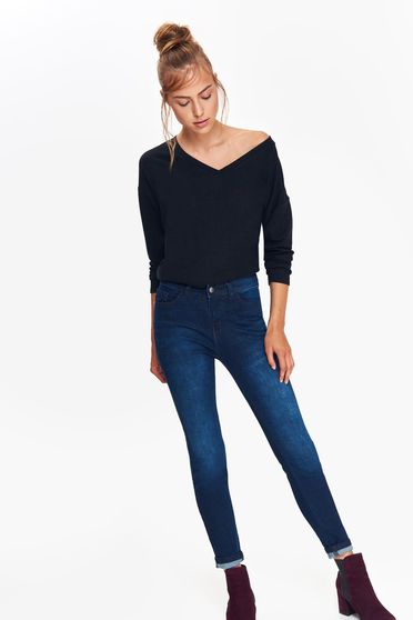 Blugi Top Secret albastri-inchis skinny cu talie medie din bumbac usor elastic cu buzunare