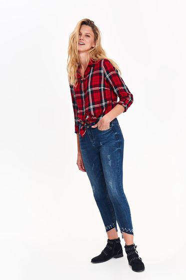 Blugi Top Secret albastri-inchis skinny casual cu talie medie din bumbac cu aplicatii metalice si cu buzunare