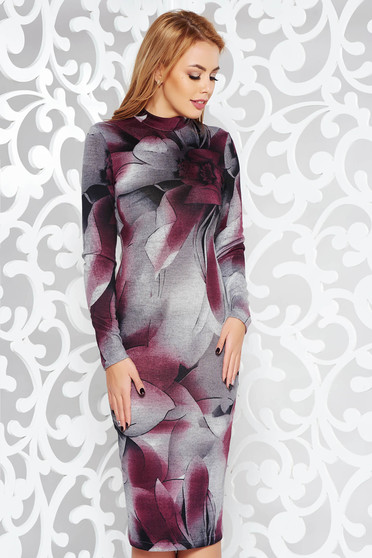 Rochie StarShinerS mov casual midi pe gat cu un croi mulat cu maneci lungi din material tricotat