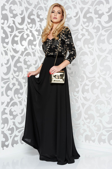 Rochie StarShinerS neagra de ocazie din voal captusita pe interior cu aplicatii de tul brodat
