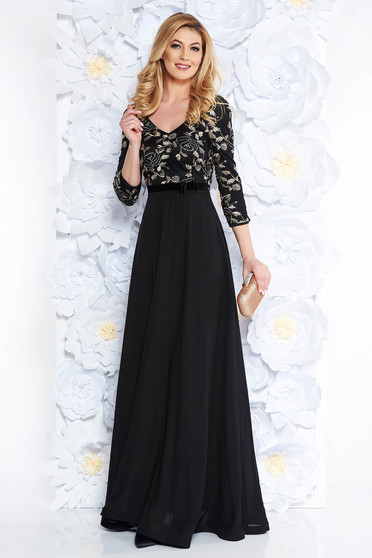 Rochie StarShinerS neagra de ocazie din voal captusita pe interior cu aplicatii de tul brodat