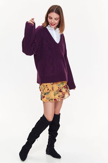 Pulover Top Secret mov casual cu croi larg din material tricotat cu decolteu in v