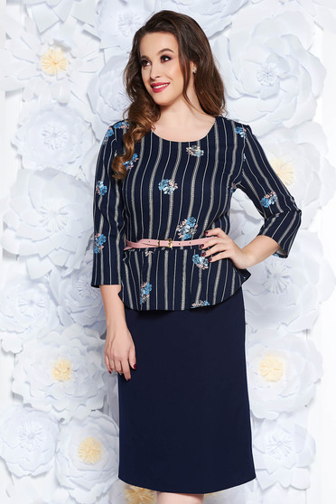 Rochie albastra-inchis office tip creion din stofa usor elastica cu peplum cu accesoriu tip curea