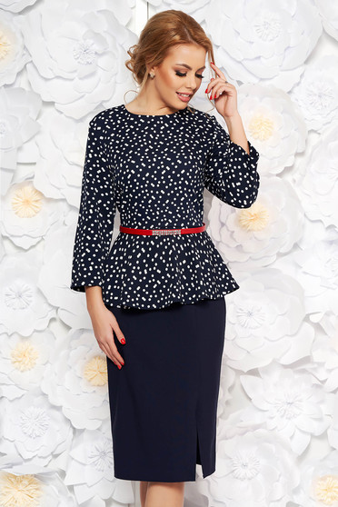 Rochie albastra-inchis eleganta tip creion din stofa usor elastica cu peplum cu accesoriu tip curea
