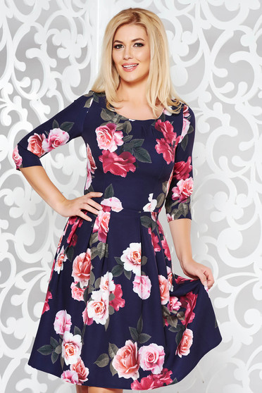 Rochie neagra eleganta in clos din stofa usor elastica cu imprimeuri florale