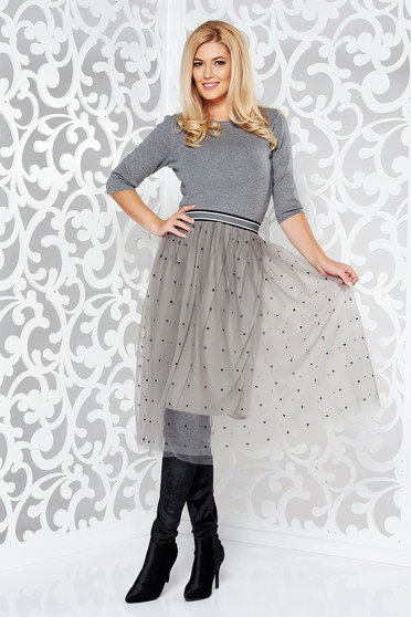 Rochie gri StarShinerS de zi in clos din material tricotat cu tul cu elastic in talie