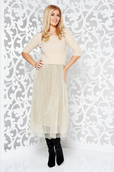 Rochie StarShinerS crem de zi in clos din material tricotat cu elastic in talie cu aplicatii cu pietre strass