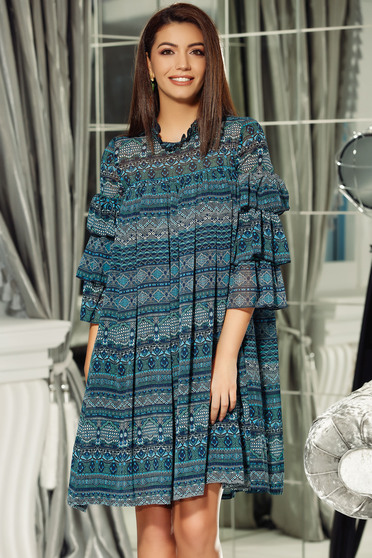 Rochie Fofy verde de zi cu croi larg din material vaporos cu volanase la maneca
