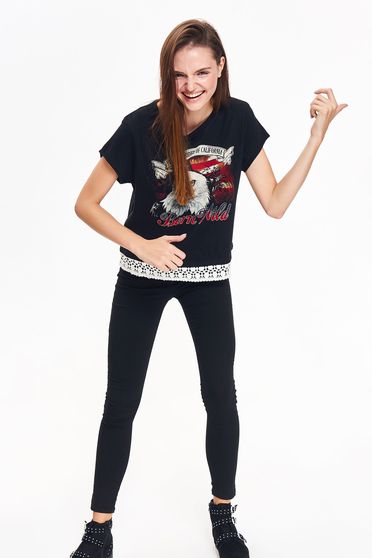 Tricou Top Secret negru casual cu croi larg din bumbac cu aplicatii de dantela