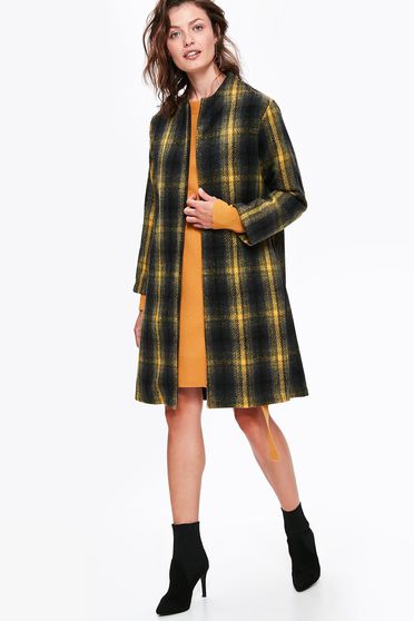 Palton Top Secret negru casual drept din stofa in carouri