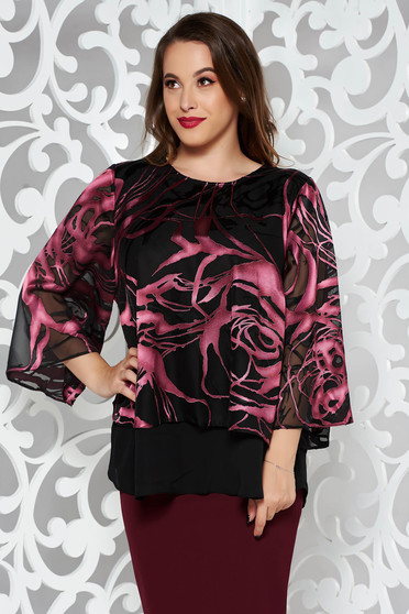 Bluza dama mov eleganta cu croi larg din voal cu imprimeu floral maneci largi