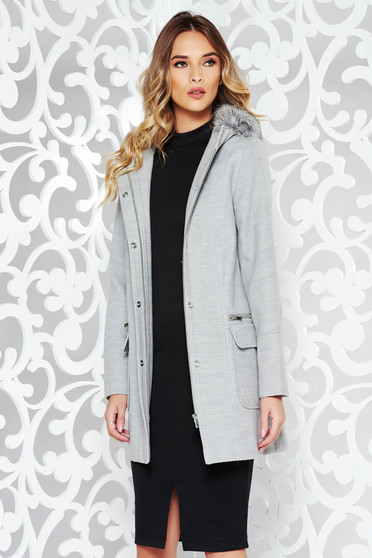 Palton gri casual din material gros cu un croi drept cu gluga nedetasabila