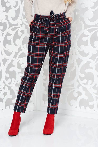 Pantaloni StarShinerS negri casual conici cu talie medie din stofa neelastica cu buzunare accesorizati cu cordon
