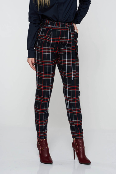 Pantaloni StarShinerS negri casual conici cu talie medie din stofa neelastica cu buzunare accesorizati cu cordon