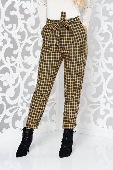 Pantaloni StarShinerS mustarii casual conici cu talie inalta din stofa neelastica cu buzunare accesorizati cu cordon