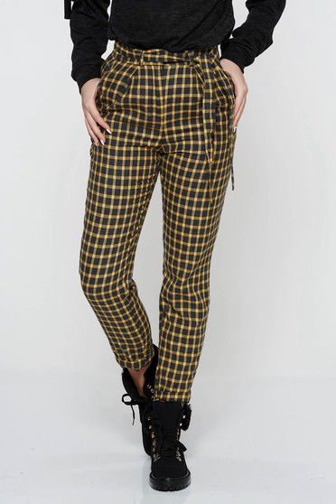 Pantaloni StarShinerS mustarii casual conici cu talie inalta din stofa neelastica cu buzunare accesorizati cu cordon