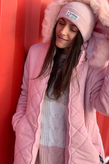 Geaca SunShine roz deschis casual imblanita cu un croi drept din fas cu buzunare si gluga imblanita