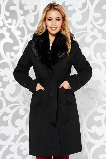 Palton negru elegant cu un croi cambrat din stofa cu guler din blana captusit pe interior cu buzunare accesorizat cu cordon
