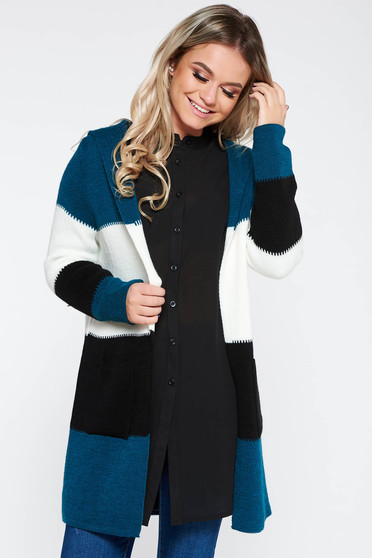 Cardigan SunShine turcoaz casual cu croi larg din material tricotat cu buzunare si gluga nedetasabila
