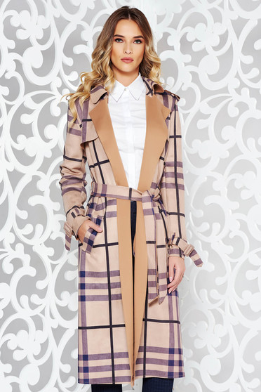 Trench SunShine maro casual lung din material fin la atingere in carouri accesorizat cu cordon